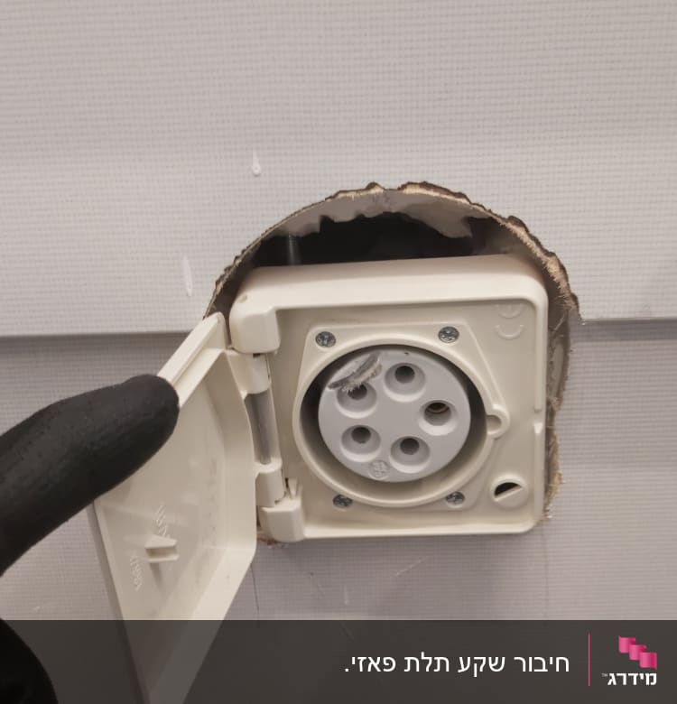 שקע חשמלי עגול עם מכסה פתוח, יד בכפפה שחורה